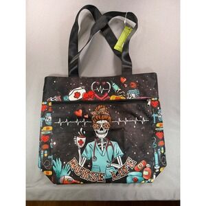 NEW 84Hoods "Nurse Life" Skeleton Graphic Tote Bag Print Zippered Canvas